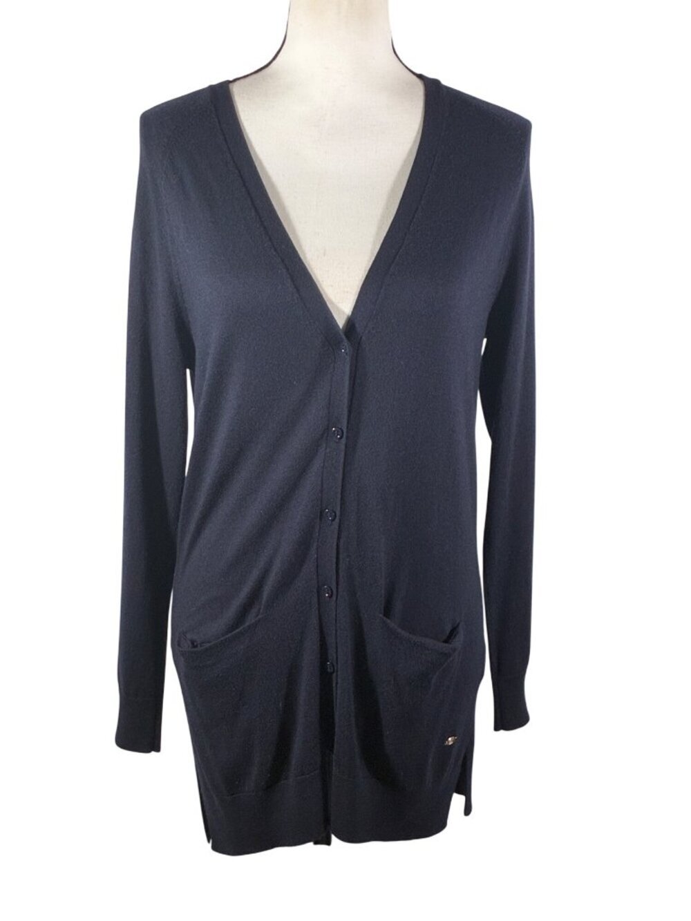 Massimo Dutti Womens Silk Cotton Cashmere Blend Long Cardigan Sweater Navy S